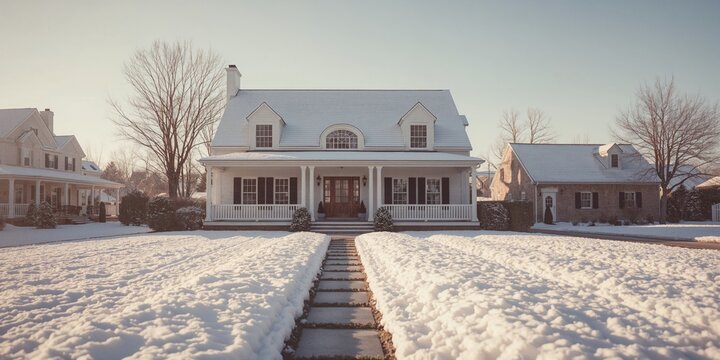 Snow-covered American house during winter, insulation and weatherproofing