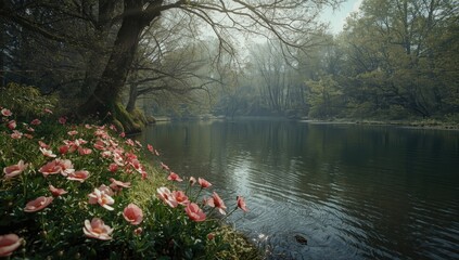 Serene spring lake with reflective surface and surrounding trees, ideal for editorial header backgrounds