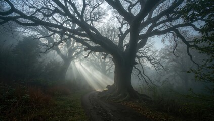 Misty woodland with tall trees and low visibility, illustrating environmental preservation and atmospheric conditions