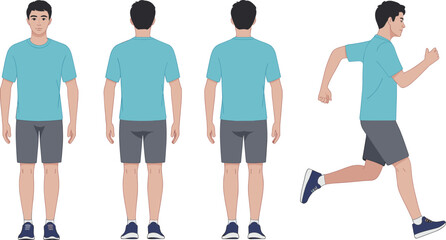 Obraz premium A Flat Color Vector Illustration Featuring a Man in Athletic Wear from Front, Back, and Side Running Profiles for Fitness and Apparel Design
