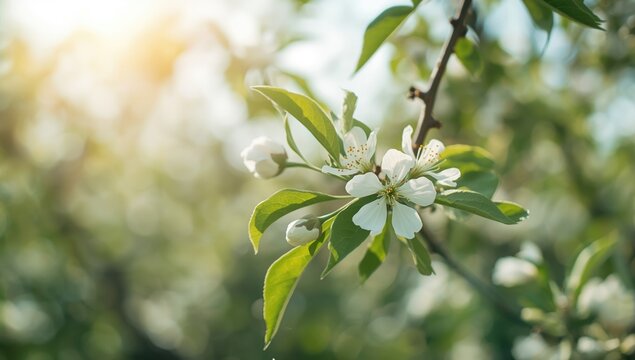 White apple blossoms on a tree during spring, used as a springtime background in orchard scenes - Powered by Adobe