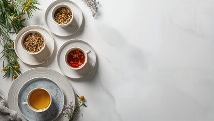 Assorted herbal and floral teas arranged on a white background, suitable for editorial header backgrounds, World Tea Day