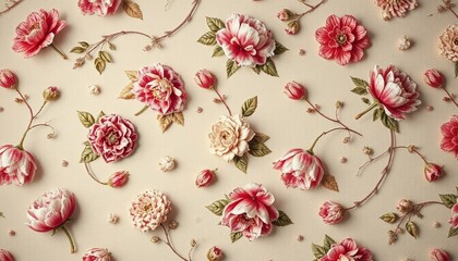 Fototapeta premium Floral pattern with pink and cream roses on beige background 