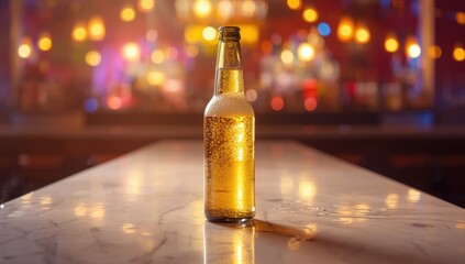 A beer bottle with effervescent bubbles placed on a white table amidst vibrant bar lighting, highlighting social drinking, International Beer Day