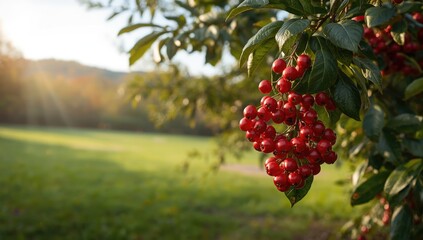 Fototapeta premium Bright red firethorn berries on Pyracantha coccinea plant during outdoor spring, highlighting fruit production