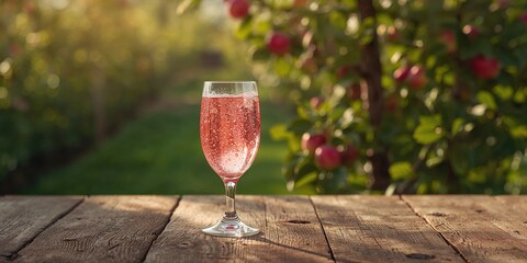 Sweet rose apple cider in a garden scene featuring green apple tree and ripe red fruits, suitable for summer enjoyment