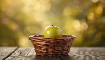 Fresh green apple arranged in a basket, ideal for fruit display or market setting
