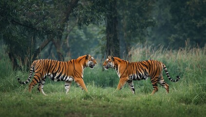 Male and female Indian tigers resting in wilderness, highlighting conservation efforts
