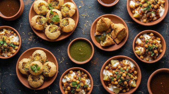 Variety of Indian street food like pani puri samosa and dahi bhalla in clay bowls