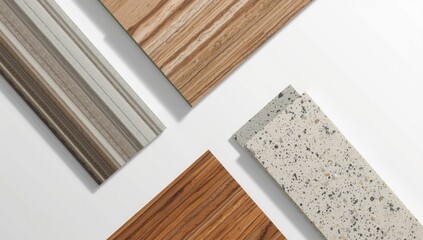 Close-up of building material samples including fabric wallpaper, artificial stone, terrazzo, and laminated wood, for interior design planning