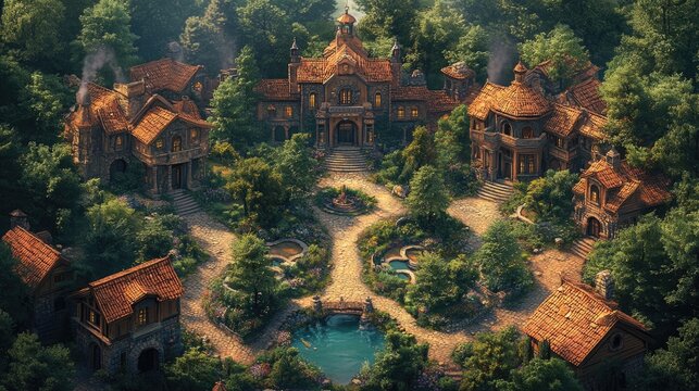 Fantasy city map with villas, cobblestone paths, lush greenery, ideal for roleplaying battles.