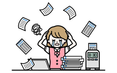 勤怠管理の仕事が大変で忙しくて泣く女性のイラスト