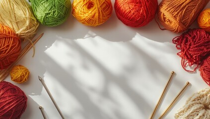 Top-down shot of vibrant wool balls, knitting tools, and sample swatches, highlighting DIY crafts, National Craft Month