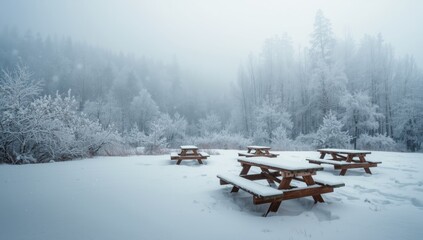 Snowy woodland backdrop with wooden picnic tables, illustrating seasonal landscape maintenance