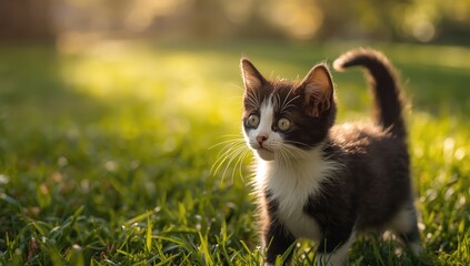 Young tuxedo kitten venturing outside the house, focusing on exploration and initial outdoor experience, daytime