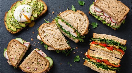 Assortment of high protein food featuring healthy gourmet sandwiches on slate