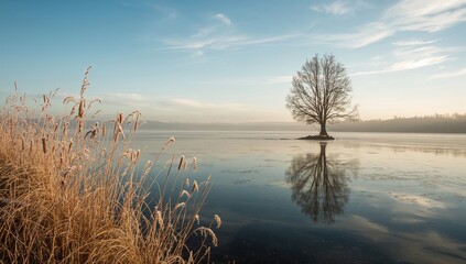Morning at a calm lakeshore with still water and soft natural lighting, ideal for editorial header backgrounds