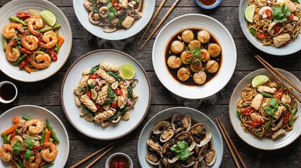 Assortment of seafood dishes with shrimp squid scallops and clams