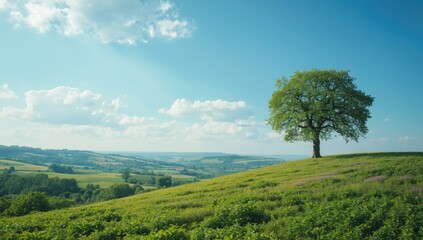 Lush greenery covering rural terrains with vibrant summer sky and white clouds, landscape photography, Earth Day