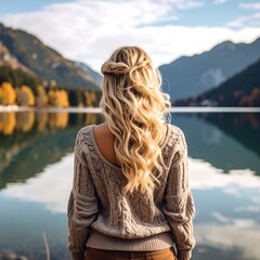 Fototapeta premium Woman with blonde hair stands before a calm lake, mountain backdrop, wearing a sweater and pants