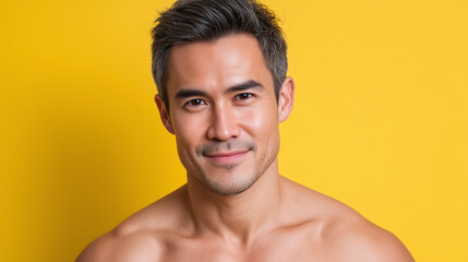 Naklejka premium Young man with warm undertone skin and short dark hair smiles gently against bright yellow background, showing calm and confident expression with fuzzy highlight on his face