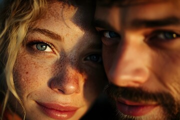 Close-up portrait of a couple with striking blue eyes and natural freckles, showing intimacy, connection, and authenticity. Detailed skin texture and emotional bond captured in soft light.