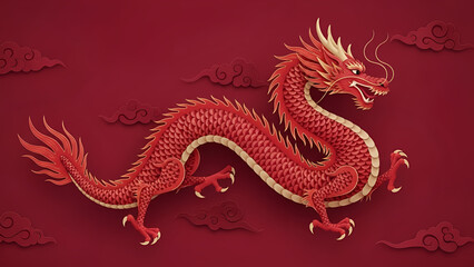 Obraz premium Graceful red paper-cut dragon, 'S' curve, shimmering scales, golden highlights on crimson. Perfect for Lunar New Year, Chinese New Year, Asian festival designs, luxury branding, invitations,