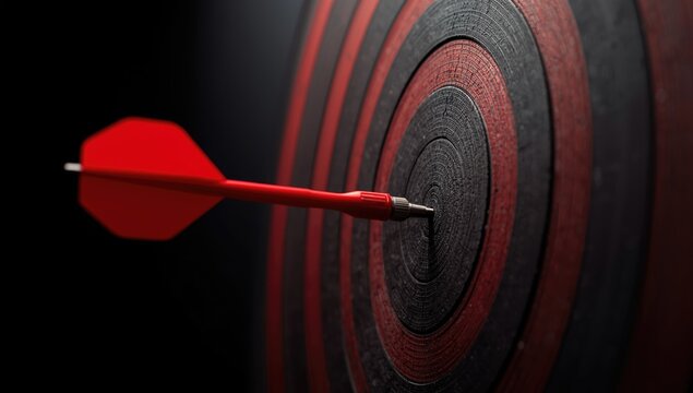 Red dart striking the center of a dartboard against a black backdrop, used for strategic planning and success, emphasizing concentration and goal setting