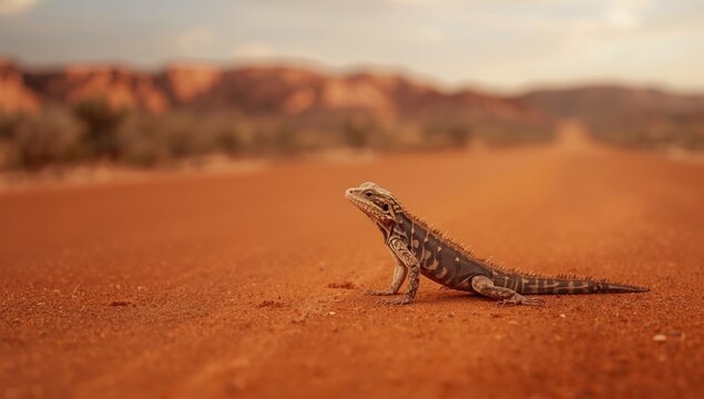 Thorny devil lizard with sharp skin on red desert terrain along an Australian outback road, highlighting desert survival