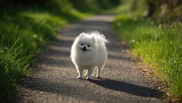 Compact Pomeranian Spitz positioned on street surface, highlighting pet in city environment