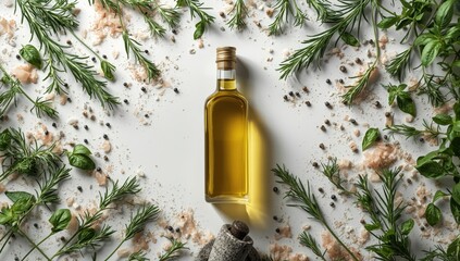 Cooking scene showing herbs and spices arranged on a white surface, culinary preparation
