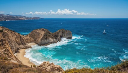 Ocean waves hitting rocks against a bright sky, beach setting, summer vacation, natural scenery, World Oceans Day