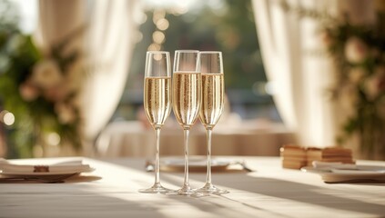 Two flute glasses of sparkling wine, set for a toast, ideal for festive gatherings or anniversaries