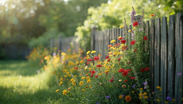 Vivid blossoms blooming adjacent to a rustic wooden fence, used for landscaping accents