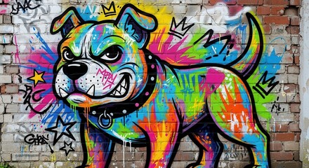 Vibrant and aggressive canine portrait painted as street art on a weathered brick wall surface