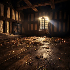 Ancient Medieval Cottage Interior with Straw Floor and Sunbeams