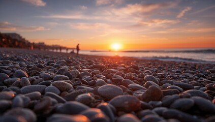 Obraz premium Evening scene on a rocky shoreline with soft focus background, highlighting natural landscape features
