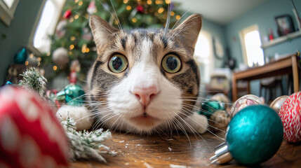 A playful cat lies close to brightly colored Christmas ornaments scattered on the floor. The cozy living room is decorated with a festive tree glowing with lights, creating a joyful holiday atmosphere