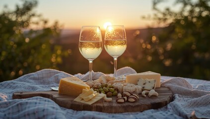 Outdoor dining scene at dusk featuring two glasses of white wine with a cheese and nut platter on a wooden surface