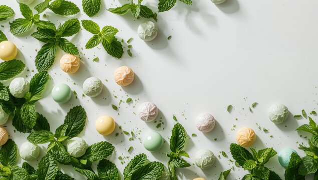 Mint candies and mint leaves arranged on a white surface, highlighting flavor freshness in food styling