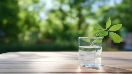 Title: Fresh green leaves in a glass of water on wooden table with blurred garden background, summer sunlight and morning brightness concept.