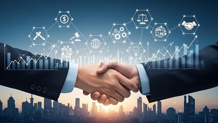 Corporate Handshake with Holographic Financial Charts and Legal Icons Overlaid on an Urban Cityscape at Dusk for Business Growth Concept