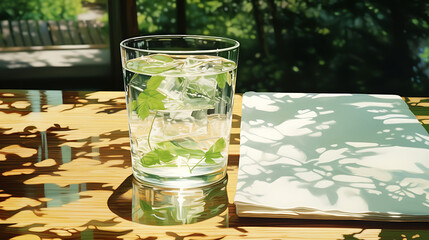 Glass of iced water with mint leaves and a notebook on a table under tree shadows, aesthetic summer afternoon with sunlight patterns.