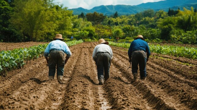 Farmworkers laboring in the field. Significance of manual labor in the agricultural sector, focusing on the diligence and hard work of farmworkers.