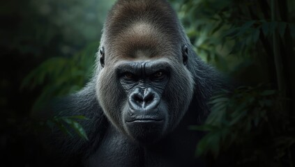 Obraz premium Close-up of male gorilla head with intense gaze, useful for educational background in conservation efforts