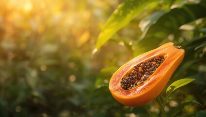 Ripe papaya sliced open on a rustic surface, emphasizing nutritious fruit options for a balanced diet, World Nutrition Day