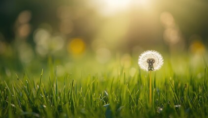 Detailed view of lush grass and blooming dandelions in an outdoor meadow scene on a sunny summer morning, suitable for layout backgrounds
