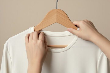 Hands adjusting minimalist shirt on wooden hanger.