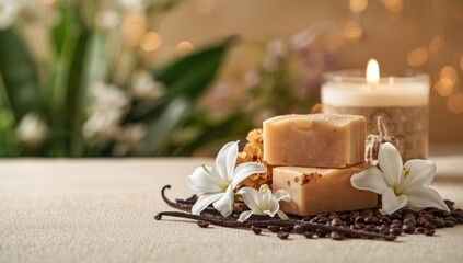 Organic soap collection with vanilla beans and white orchid flower in a spa setting, natural health benefits