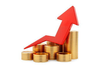 3D Rendering of Rising Red Arrow Over Stacks of Gold Coins on White